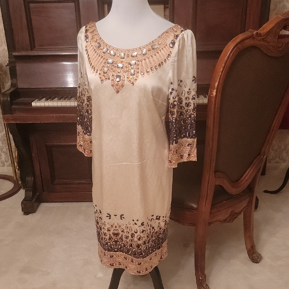 ECI Cream Sequin Embellished Sheath Dress